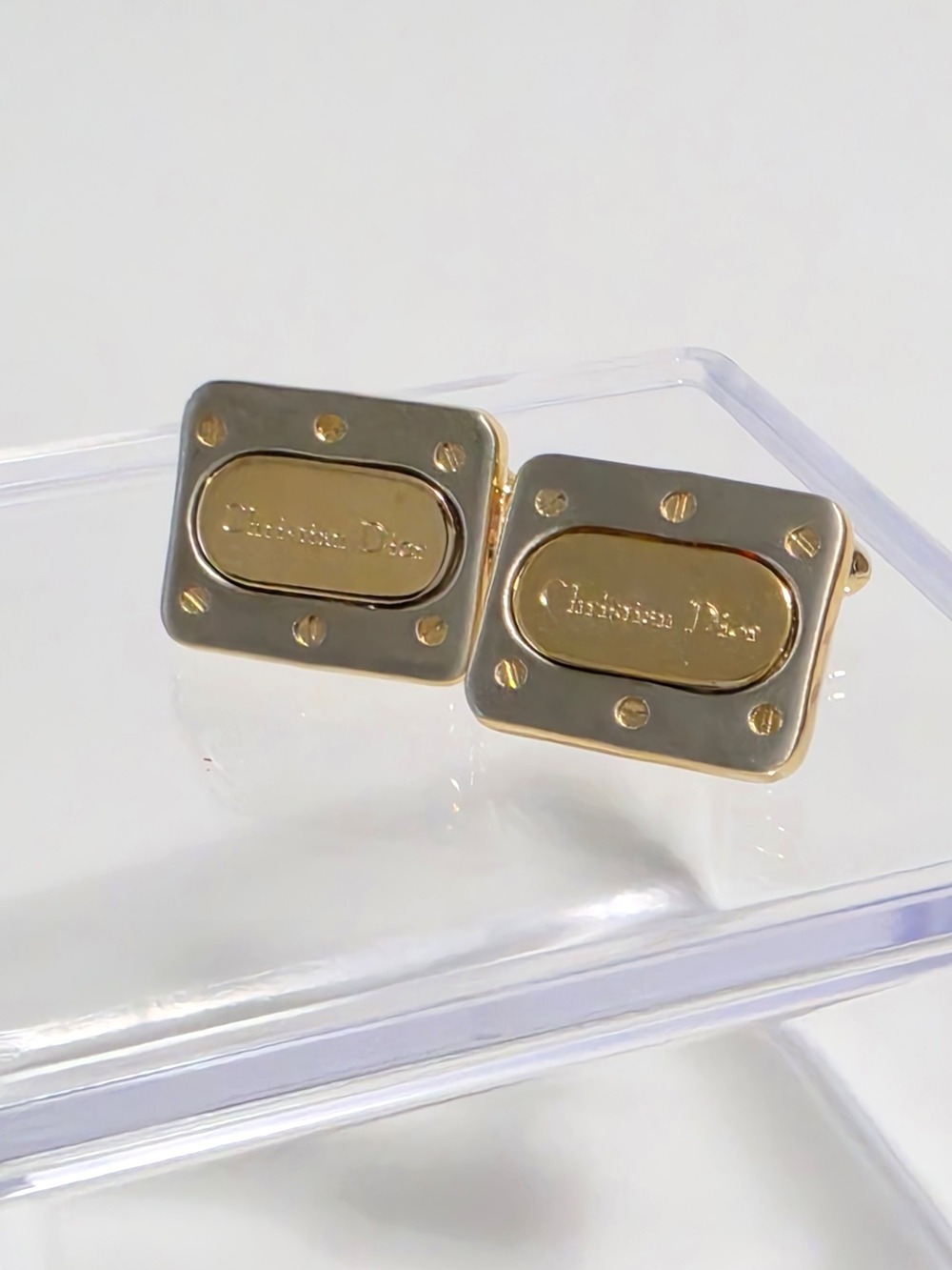 Christian Dior Gold Silver Tone Rectangular Cufflinks Accessories DIY
